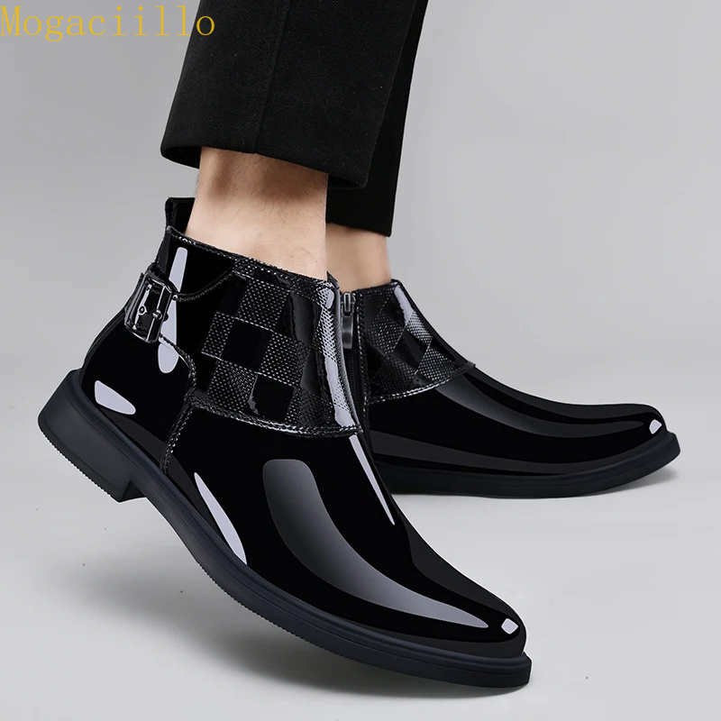 브랜드 남성용 블랙 광택 에나멜 가죽 앵클 부츠 고품질 - Men'S Shoes Hey Dude 리뷰 및 가격